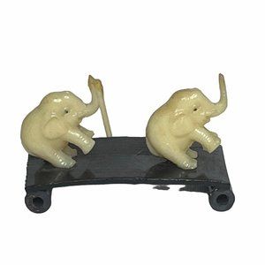 Vintage Celluloid Elephant Figurine 2 Elephants on Black Base Trunks Up